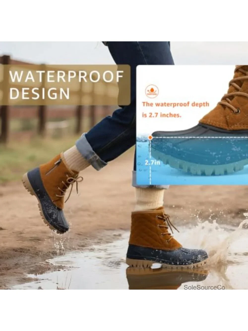 Women's Waterproof Insulated Duck Snow Boots with Side Zipper, Slip Resistant